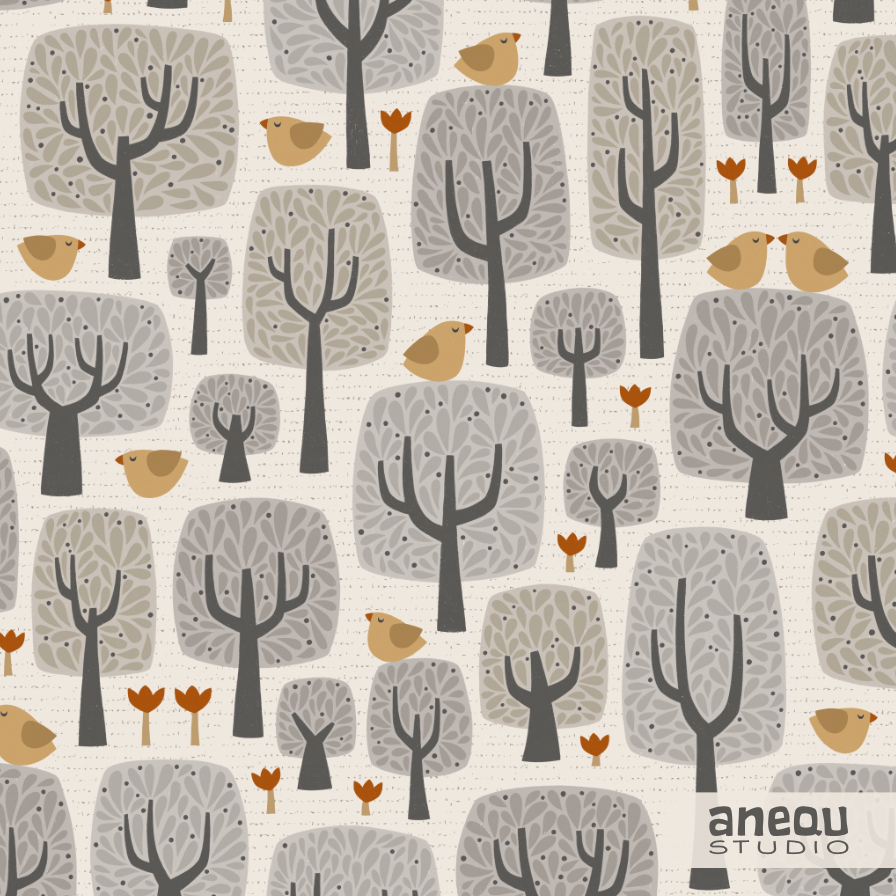 trees and birds - cozy forest collection - pattern design