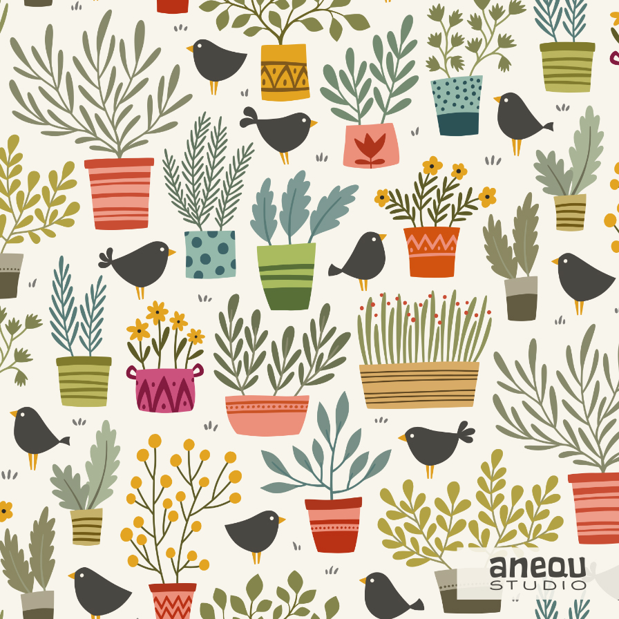 garden birds and pots - grandma garden collection - pattern design